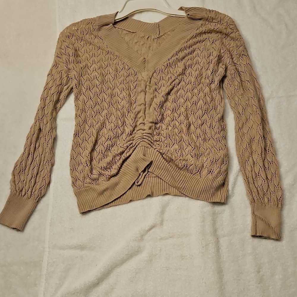 Apricot Open-Knit Pullover Sweater Drawstring Ruched Women Medium 100% Viscose